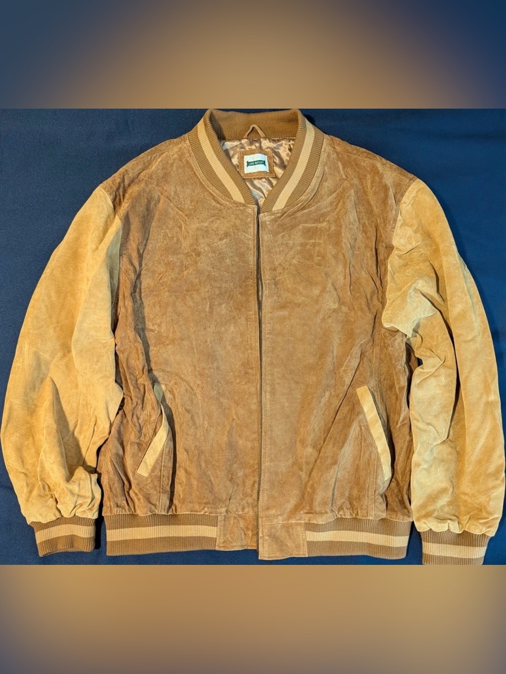 Lake Matley Men's Brown/Beige Suede Bomber Jacket Striped Ribbing Zip